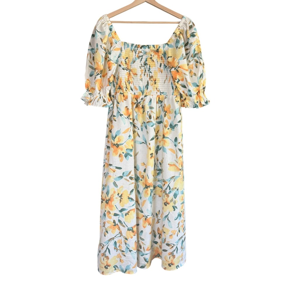 Gap Linen Blend Floral Smocked Midi Dress Yellow Teal Puff Sleeve Womens Medium
